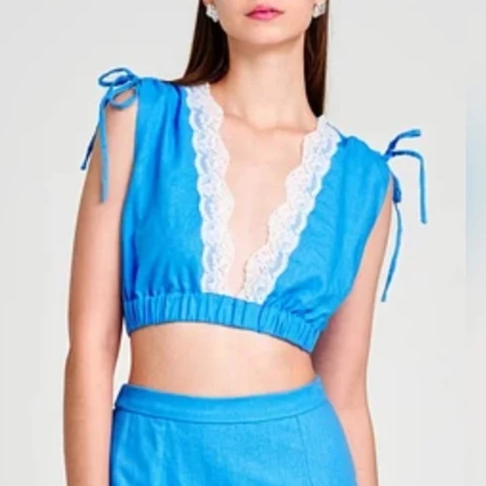 Wayf Pippa Lace Detail Linen Blend Crop Top  - NWT
